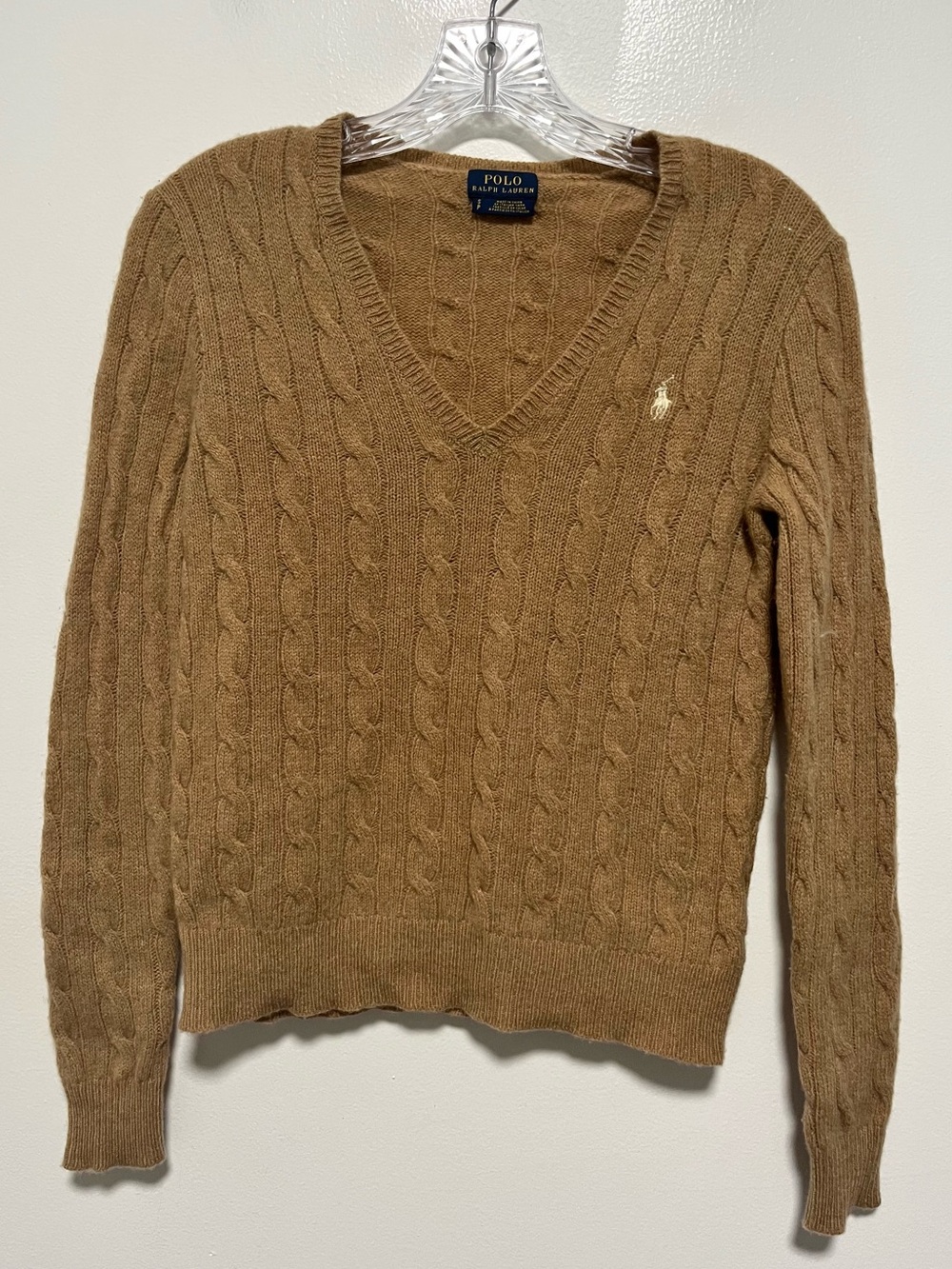 Polo Ralph Lauren Wool Cashmere Cable Knit Classic V Neck Knit Sweater Brown S